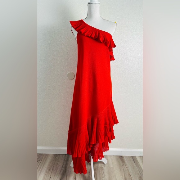 Mango Women’s Red One-Shoulder Asymmetric Ruffled Dress Size 10 - Picture 3 of 15